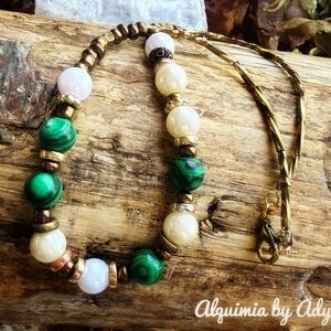 Green Malachite Bead Necklace | Pearl Look + Gold Accents | Handmade Statement